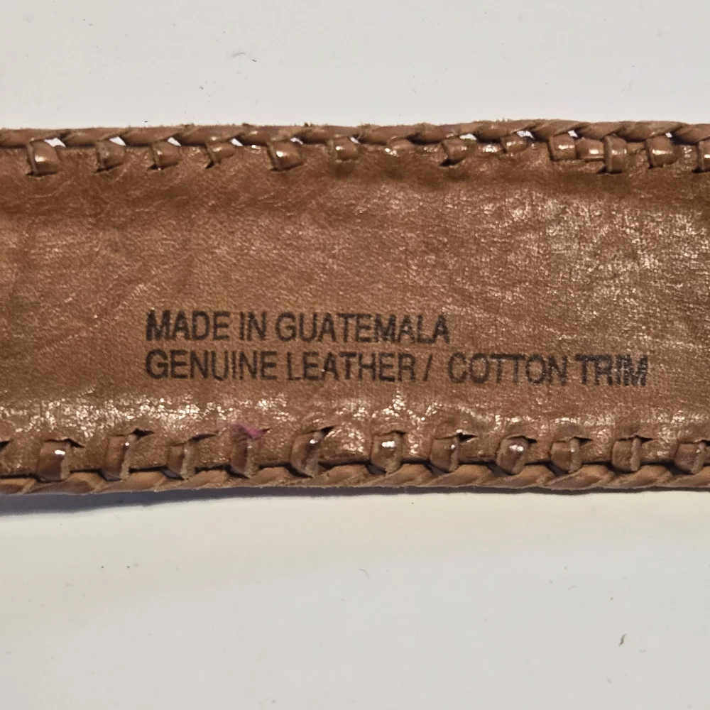 Vintage Guatemalan Handmade Leather & Woven Textile Belt Tan Multicolor Size 30